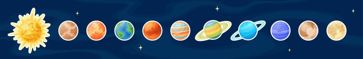 Flat sun and solar system planets art patch set, cartoon space objects label, comic celestial body design sticker collection on blue cosmic background for science game graphic illustration vector