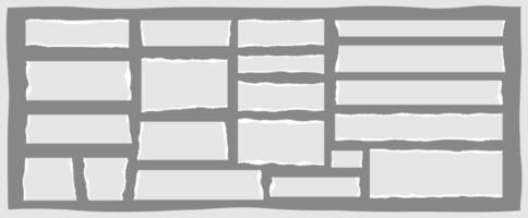 Edge grunge cardboard header background, blank ripped paper shred, rectangular torn newspaper scrap, white tear page strip, isolated rip notebook note, illustration set. vector