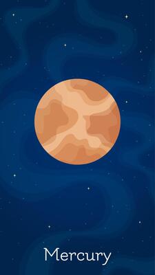 Solar system planet Mercury illustration. Galaxy space objects art on starry dark blue vertical background with flat style solar system planet Mercury for universe game design