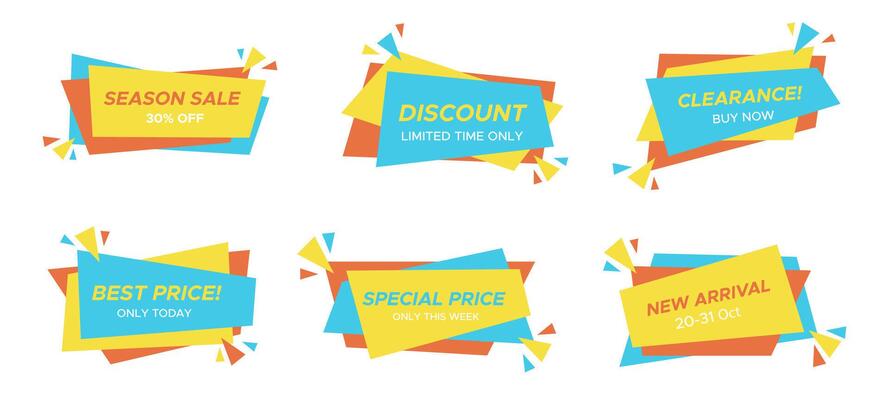 Color isolated sale label set, horizontal trendy price tag, abstract geometric promo ribbon collection, flat festive promotion banner with confetti, rectangle web discount coupon, illustration