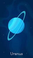 Comic space planet Uranus illustration. Galaxy space objects art on starry dark blue vertical background with comic style solar system planet Uranus for space planetary design concept vector