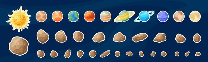 Cartoon space planets and asteroids sticker set, flat astronomical objects art label collection, comic celestial bodies illustration patch on blue background for child game graphic design vector