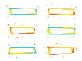 Geometric rectangle discount sticker collection, abstract isolated sale frame, festive web promo label with confetti, horizontal color promotion bubble set, flat trendy price banner, graphic vector