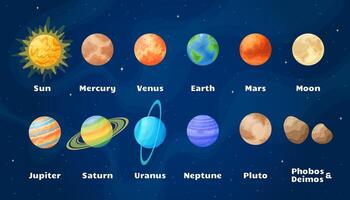 Astronomical objects solar system set illustration. Celestial objects set graphic with space planets and Sun on starry night sky comic style background for astronomy science graphic design vector