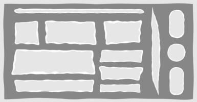 Isolated grunge cardboard strip, edge ripped newspaper note, blank rip notebook background, rectangular tear page shred, white torn paper piece, illustration set. vector