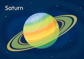 Cartoon space planet Saturn illustration. Galaxy space objects art on starry dark blue horizontal background with cartoon style solar system planet Saturn for space planetary design concept vector