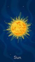 Cartoon solar system star Sun illustration. Universe round object art concept on dark blue vertical space background with solar system star Sun for galaxy graphic design concept vector