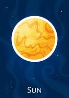 Cartoon celestial object Sun sticker, comic round solar system star graphic concept label, flat astronomical object art patch on blue cosmic background for astronomy science graphic concept vector