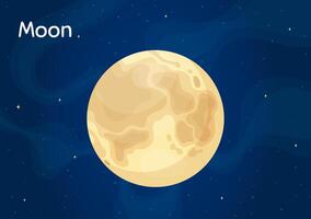 Cartoon space satelite Moon illustration. Astronomical object art concept on night sky horizontal space background with cartoon style Earth satelite Moon for children fantasy graphic design vector