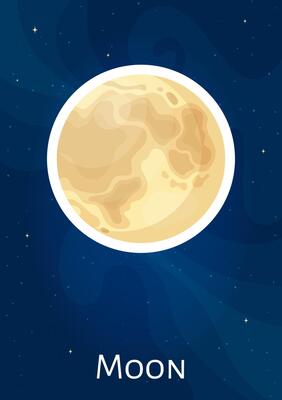 Flat space satelite Moon graphic design sticker, cartoon celestial body concept art patch, comic round solar system object illustration label on blue cosmic background for fantastic style decoration