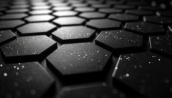 Dark metallic shape reflects futuristic geometric pattern on wall generated by AI photo