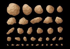 Cartoon space asteroids illustration set. Colorful collection of isolated space stones and asteroids, belt rocks and meteorites on black background for cosmic concept art. vector