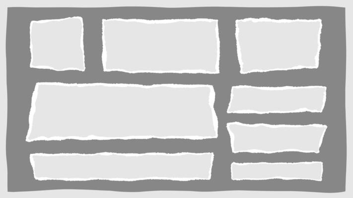 Rectangular torn paper shred, edge ripped newspaper note, blank rip notebook background, isolated grunge page piece, white tear cardboard scrap, illustration set.
