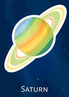 Flat astronomical planet Saturn illustration sticker, cartoon celestial sphere concept label, comic round space object patch on blue cosmic background for science game graphic vector