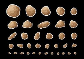 Flat space meteorite stickers graphic set. Collection of isolated patches with asteroids, belt rocks and meteorites in color flat style design on black background for galaxy game graphic. vector