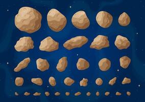 Cartoon space asteroids illustration set. Colorful collection of space stones and asteroids, belt rocks and meteorites on fantastic starry blue background for cosmic concept art. vector