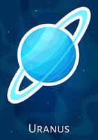 Flat solar system planet Uranus patch, comic astronomical sphere concept art sticker, cartoon round space object graphic design label on blue cosmic background for child game graphic design vector