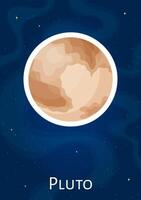 Comic dwarf planet Pluto graphic sticker, flat round celestial object art patch, cartoon space sphere illustration label on blue cosmic background for children astronomy science concept vector