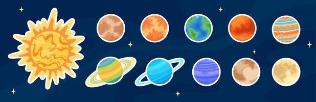 Flat solar system planet art sticker set, comic space sphere patch, cartoon round celestial object design label collection on blue cosmic background for science game graphic illustration vector
