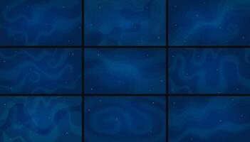 Deep space background set illustration. Cartoon style horizontal deep space backdrop collection with abstract star systems on blue color background group for astronomy wallpaper design set vector