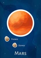 Comic space planet Mars sticker concept art, cartoon astronomical sphere with satelites Phobos and Deimos illustration label, flat round solar system object graphic patch on blue cosmic background vector