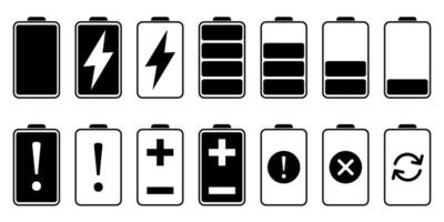 Set of battery charging icons. Battery charge level. Batteries with different power level. Black and white battery icons vector