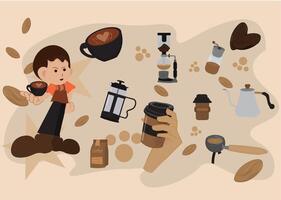 Character with Set of Coffee Making Tools and coffee beans vector