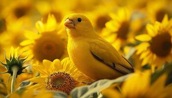 Cute baby chicken perching on green branch, sunflower generated by AI photo