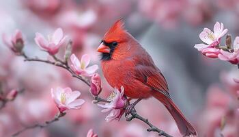 Beautiful bird perching on branch with pink flower. generated by AI photo