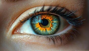 Green eyes staring, beauty watching, woman looking at camera generated by AI photo