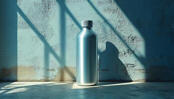 Empty glass bottle with liquid shadow on wall generated by AI photo