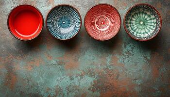 Empty circle plate bowl stack on table indoors generated by AI photo