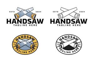 traditional handsaw with handle colorful and outline logo design set for workshop and carpenter. handsaw cutting tool crossed illustration badge logo template for woodwork, craftsman vector