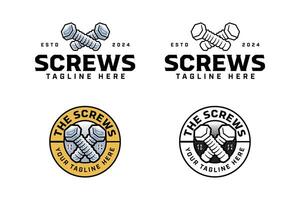 screw, cog crossed colorful and outline logo design set for workshop and carpenter. bolt, socket crossed illustration badge logo template for woodwork, craftsman vector