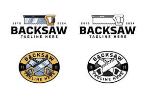 backsaw with handle colorful and outline logo design set for workshop and carpenter. backsaw cutting tool crossed illustration badge logo template for woodwork, craftsman vector