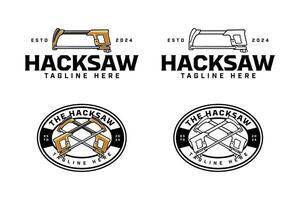 hacksaw with handle colorful and outline logo design set for workshop and carpenter. hacksaw cutting tool crossed illustration badge logo template for woodwork, craftsman vector