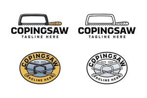 traditional coping saw with wooden handle colorful and outline logo design set for workshop and carpenter. coping saw cutting tool crossed illustration badge logo template for woodwork, craftsman vector