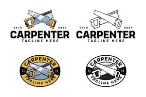 handsaw, backsaw crossed colorful and outline logo design set for workshop and carpenter. backsaw, handsaw cutting tool crossed illustration badge logo template for woodwork, craftsman vector