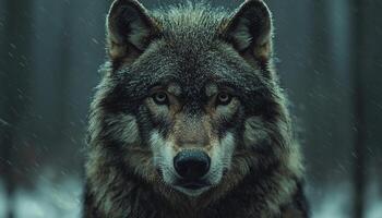 Gray wolf in snow covered forest, watching with focus generated by AI photo