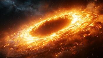 Glowing star in dark sky, exploding fiery planet generated by AI photo