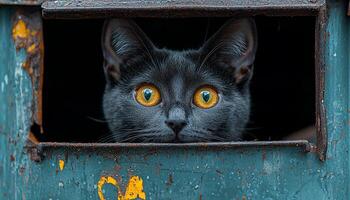Cute kitten staring at camera, sitting by window generated by AI photo