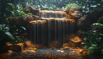 Green leaves on wet rocks in flowing water generated by AI photo
