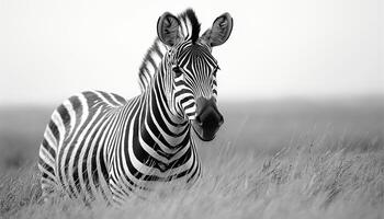 Zebra in Africa, striped animal on savannah plain generated by AI photo