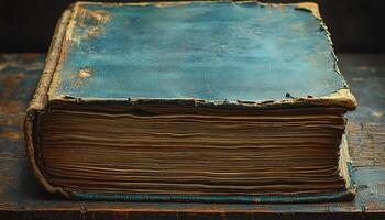 Ancient literature on table, old book collection wisdom generated by AI photo