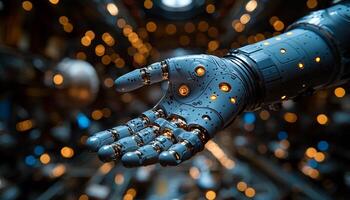 Futuristic robotic arm working in illuminated factory success generated by AI photo