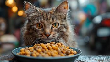 Cute kitten sitting on table eating fresh food generated by AI photo