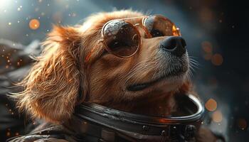 Cute dog wearing sunglasses in summer portrait image generated by AI photo