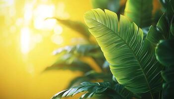 Green leaf pattern on tropical palm tree branch generated by AI photo