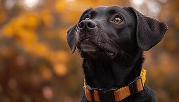 Cute puppy sitting in autumn forest, looking playful generated by AI photo