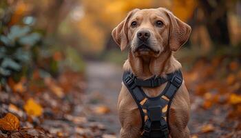 Cute puppy sitting in autumn forest, looking at camera generated by AI photo